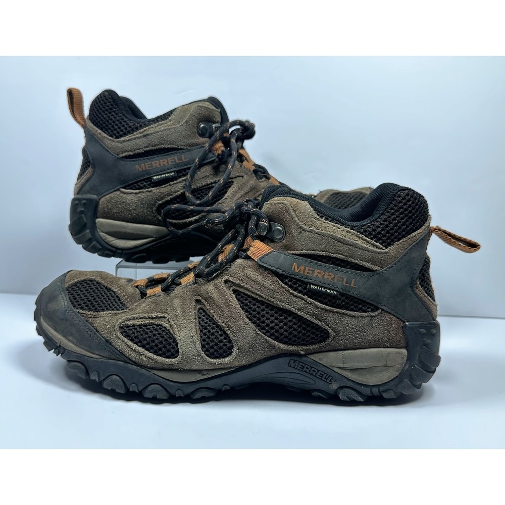 Merrell Mens J77375 Waterproof Hiking Boots Brown Black Suede Mid Top Size 8